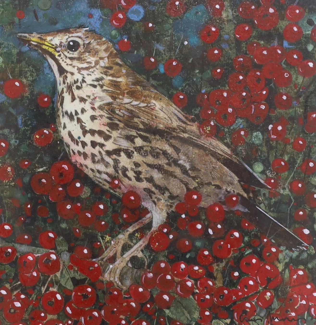 Gary Anderson RSW (b. 1960), watercolour, ‘Song Thrush 2013’, signed and dated, label verso, 15 x 14.5cm